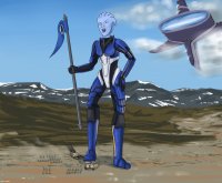 breasts drawing giantess alien color armor destruction blue_eyes military tank invasion spaceship boots blue_skin mountains towering flag hands_on_hips mass_effect asari giantwaifus conquering