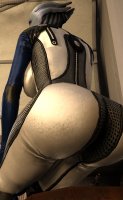 breasts alien large_breasts butt armor red_hair blue_skin unaware shrunken_woman thighs indoors point_of_view jumpsuit imminent_crush thick_thighs digital_render mass_effect liara_tsoni asari sheppard bakedalaskabigs jane_sheppard