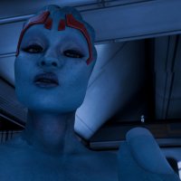 micro nude alien black_hair butt blue_eyes blue_skin shrunken_woman indoors belt tiara on_finger looking_at_tiny digital_render mass_effect miranda_lawson samara artviewer8