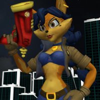 breasts giantess furry tail city mega vixen bra gun skirt buildings climbing blue_hair fox brown_eyes gloves police ponytail raccoon collar shrunken_man jacket top belt hands_on_hips cane digital_render sly_cooper orange_skin grey_skin carmelita_fox roodedude bare_midriff police_officer sly_cooper_(series) hanging_from_bra