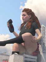 breasts giantess panties city mega upskirt large_breasts long_hair destruction blue_eyes handheld skirt buildings shoes blood socks red_hair sitting horizon thighs freckles braid top legs_crossed sitting_on_building school_uniforms digital_render bare_legs bare_midriff aloy jessicagts