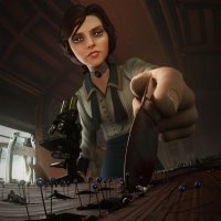 breasts micro black_hair blue_eyes skirt blood gore short_hair pins shrunken_people shrunken_man cruel indoors experiment knife microscope elizabeth looking_at_tiny bioshock digital_render analternateusername elizabeth_comstock bioshock_infintie