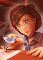 drawing color blue_eyes blood brunette short_hair pins shrunken_man cruel pants indoors experiment choker knife microscope scarf bioshock_infinite looking_at_tiny bioshock elizabeth_comstock kisparlius