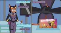 breasts drawing furry tail comic black_hair color butt blue_eyes handheld gloves uniform shrunken_man clone thighs indoors desk tv lombax jumpsuit dialogue tiara nightcore100 ratchet_and_clank sasha_phyronix