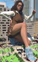 breasts giantess panties vore city mega upskirt large_breasts long_hair handheld rampage skirt buildings glasses shoes blood brunette police gore hard_vore kneeling foot_crush vehicles reflection sweater crowds running_away police_car digital_render bare_legs police_officer allthesizepuns nerd