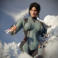 breasts giantess giga black_hair large_breasts military superhero tara gloves explosion jets hand_crush clouds costume missiles thick_thighs digital_render looking_at_tinies justablenderusername