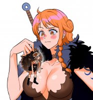 breasts drawing giantess blushing horns blonde black_hair color large_breasts fantasy cleavage brown_eyes boots shrunken_man dangle tattoo braid cape earrings belt orange_hair helmet no_background pinched ritayaart