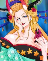breasts drawing giantess horns blonde color long_hair blue_eyes one_piece cleavage anime shoes gloves kimono dress short_hair shrunken_man pants chopsticks jacket earrings legs_crossed sanji on_shoulder looking_at_tiny flower_in_hair black_maria