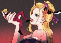 breasts drawing giantess vore horns blonde color long_hair blue_eyes one_piece cleavage anime shoes kimono dress short_hair shrunken_man suit pants jacket earrings imminent_vore sanji looking_at_tiny flower_in_hair black_maria