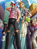 breasts drawing giantess horns city blonde color long_hair blue_eyes one_piece cleavage skirt buildings anime blue_hair pink_hair green_hair short_hair muscles mask pants hat jacket tattoo shirt point_of_view earrings top helmet looking_at_tiny hair_bun vending_machine black_maria