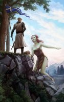 breasts drawing giantess mega blonde color armor sword fantasy knight red_hair dress mini_giantess kneeling mountains troll trees belt flag cliff chest looking_at_tiny pointed_ears bare_legs cg-zander