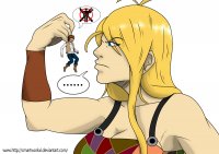 breasts drawing giantess mega blonde color long_hair blue_eyes cleavage angry brunette boots muscles pants dangle top no_background pinched looking_at_tiny cmartworkxl vest makeshift_clothing