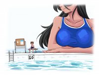 breasts drawing giantess small_man blushing mega black_hair color large_breasts long_hair swimsuit water brunette smiling pool swimming trunks mannofthek