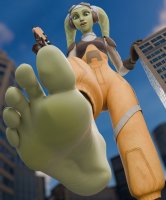breasts giantess city mega alien toes barefoot gun buildings green_eyes gloves star_wars looking_down tentacles tattoo point_of_view goggles jumpsuit leaning_on_building imminent_crush green_skin digital_render hera_syndulla dwighteisenhower Mega lekku twilek