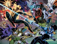 breasts drawing giantess tail wings mega comic black_hair color long_hair armor gloves asian boots twintails muscles fighting mask dark_skin clone thighs braid cape belt ripped_clothing shield rhino lasers scarf looking_at_tiny electricity hair_bun miles_morales ms_marvel spider-man marvel_comics kamala_khan gust hightail agent_gao scorpion prowler taskmaster starling shift