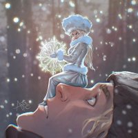 breasts drawing blonde color long_hair butt blue_eyes gloves dress shrunken_woman snow hat winter looking_at_tiny snowflakes on_nose winter_clothes apetruk