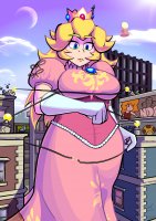 breasts drawing giantess city mega blonde color large_breasts long_hair destruction blue_eyes princess_peach buildings moon gloves dress crown super_mario clouds thighs earrings power_lines between_buildings pigeons airship billboard magotthemaggot