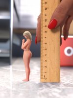 breasts nude pussy blonde butt toes barefoot shrunken_woman thighs ruler indoors red_nails digital_render sultanofsize