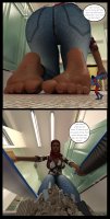 breasts giantess city comic black_hair large_breasts butt destruction toes barefoot cleavage buildings jeans boots kneeling kitchen unaware shrunken_woman dark_skin indoors shrunken_city cleaning costume milf shirt point_of_view dialogue shovel broom thick_thighs hijab scarf digital_render ms_marvel marvel_comics kamala_khan anttiergod muneeba_khan