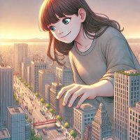 gentle giantess city mega long_hair blue_eyes buildings brunette unknown_artist vehicles sweater sunset source_needed ai_art