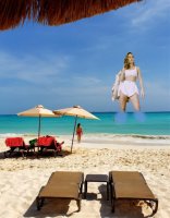 breasts giantess collage mega blonde long_hair swimsuit beach water ocean unknown_artist shorts thighs beach_chair top source_needed brie_larson bare_midriff beach_umbrella