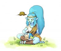 breasts drawing giantess tail dog color long_hair cleavage green_eyes blue_hair ponytail unknown_artist sitting sandals blue_skin thighs headband adventure_time source_needed canyon no_background petting pointed_ears finn_the_human bare_legs cartoon_network jake_the_dog