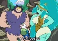 breasts drawing giantess panties mega blonde color large_breasts long_hair butt green_eyes blue_hair ponytail blue_skin dialogue hands_on_hips adventure_time backpack canyon looking_at_tiny pointed_ears finn_the_human bare_legs between_breasts susan_strong cartoon_network