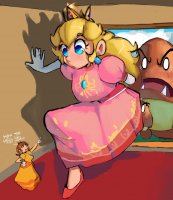 breasts drawing giantess mega blonde color large_breasts long_hair blue_eyes princess_peach shoes brunette gloves dress unknown_artist super_mario rings earrings dialogue hands_on_hips source_needed princess_daisy looking_at_tiny goomba outgrowing_room