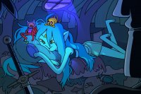 breasts drawing giantess mega color long_hair sword barefoot bra green_eyes blue_hair pillow lying_down popcorn shorts blue_skin night indoors adventure_time watching canyon pointed_ears finn_the_human bare_legs on_head bare_midriff cartoon_network jake_the_dog discountvillain