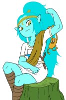 breasts drawing giantess mega color large_breasts long_hair blue_hair brown_eyes ponytail sitting muscles blue_skin flexing belt hanging_on adventure_time canyon no_background looking_at_tiny pointed_ears finn_the_human bare_legs cartoon_network jake_the_dog ta-na