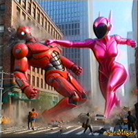 breasts giantess city mega armor robot destruction buildings fighting punch thighs fist helmet power_rangers pink_ranger ai_art sizemagic