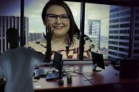 giantess collage city mega buildings glasses brunette smiling unknown_artist bbw window office computer source_needed