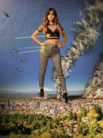 bikini breasts giantess collage city mega long_hair swimsuit destruction beach buildings helicopter brunette military fire explosion jets mountains pants necklace power_lines hands_on_hips bare_midriff