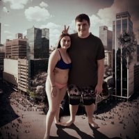 breasts growth giantess crush collage panties city mega long_hair destruction giant barefoot cleavage bra buildings brunette couple short_hair bbw shorts looking_at_viewer bare_midriff