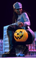 breasts giantess city mega long_hair butt buildings brunette street boots halloween uniform star_wars cosplay dark_skin night crouching belt police_car officer digital_render empire pumpkin_bucket allthesizepuns imperial_officer