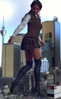 breasts giantess city mega black_hair long_hair skirt high_heels buildings boots uniform vehicles dark_skin sweater crowds running_away water_tower digital_render bare_legs looking_at_tinies allthesizepuns