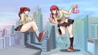 breasts drawing giantess city mega color large_breasts long_hair destruction skirt buildings glasses shoes brunette socks red_hair ponytail foot_crush uniform giantesses clumsy thighs sweater hair_bow bag sitting_on_building crane poking cracked_pavement bare_legs bubimun persona_5 kasumi_yoshizawa