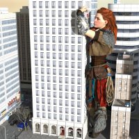 breasts giantess city mega long_hair butt skirt buildings green_eyes street red_hair boots dangle rope vehicles horizon freckles braid pinched looking_at_tiny digital_render aloy giantess-stalker