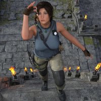 breasts large_breasts gun brunette brown_eyes gloves boots shrunken_man pants dangle steps ruins shirt necklace belt lara_croft tomb_raider torch arrows temple pinched looking_at_tiny digital_render quiver giantess-stalker