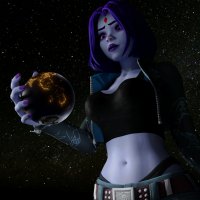 breasts giantess panties earth giga space large_breasts planet purple_hair purple_eyes raven teen_titans short_hair pants goth jacket top belt stars zipper purple_nails digital_render dc_comics cosmic_giantess grey_skin bare_midriff kefla69