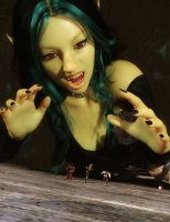 breasts long_hair fantasy cleavage bra brown_eyes green_hair dress lying_down fangs reaching shrunken_woman shrunken_man magic thighs indoors choker running_away goblin green_skin black_nails pointed_ears spikes digital_render looking_at_tinies monkeygts