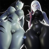 breasts growth giantess space black_hair large_breasts camel_toe ponytail giantesses mask universe thighs costume stars hands_on_hips hood glowing_eyes thick_thighs cosmic_giantess white_tiger gwen_stacy spider-man marvel_comics spider-gwen wotm8h8 omni