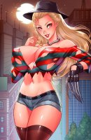 breasts drawing giantess city blonde large_breasts long_hair claws cleavage buildings red_eyes stockings moon gloves shorts cosplay night leaning_against_building hat shirt necklace ripped_clothing stars bare_legs bare_midriff mtolympuscomics volta freddy_krueger