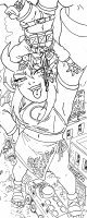 breasts drawing giantess vore horns city destruction handheld toes rampage gun skirt buildings gloves dress sandals oni dangle vehicles soldiers belt hands_on_hips army_vehicles looking_at_tiny bare_legs pov_down shabazik
