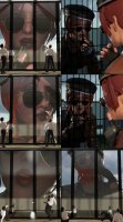 breasts giantess city mega comic gloves red_hair short_hair office sunglasses lipstick reflection hat jacket coco lipstick_imprint looking_in digital_render rwby casuallycruelgts minimas