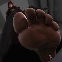 breasts large_breasts armor toes barefoot gloves dress boots star_wars shrunken_man indoors point_of_view belt imminent_crush veil helmet stormtrooper digital_render sith visas_marr dwighteisenhower