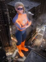 breasts giantess city mega blonde space large_breasts cleavage buildings helicopter tank superhero gloves street short_hair boots mask vehicles night thighs costume spotlights zipper digital_render arms_folded high_rise justablenderusername