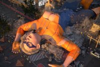 breasts giantess city mega blonde space destruction buildings superhero gloves street short_hair boots mask vehicles thighs costume ripped_clothing running_away on_stomach debris zipper digital_render high_rise justablenderusername