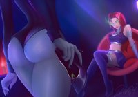 breasts drawing color long_hair butt skirt green_eyes shoes raven teen_titans red_hair starfire boots sitting beast_boy shrunken_man chair thighs top leotard candle glowing_eyes thick_thighs green_skin dc_comics grey_skin shoe_entrapment ondieony