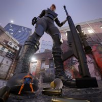 breasts city blonde large_breasts cleavage gun buildings brunette superhero gloves short_hair boots unaware shrunken_woman mask hiding night thighs costume point_of_view jumpsuit zipper digital_render high_rise sniper_rifle bullets justablenderusername